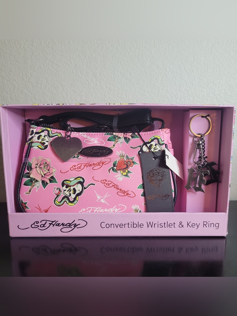 Ed Hardy Pink Convertible Wristlet & Key Ring Set
